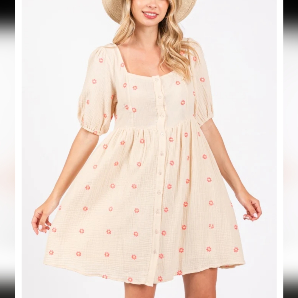 Pink Blush Beige Floral Embroidered Button Front Short Sleeve Dress | Medium